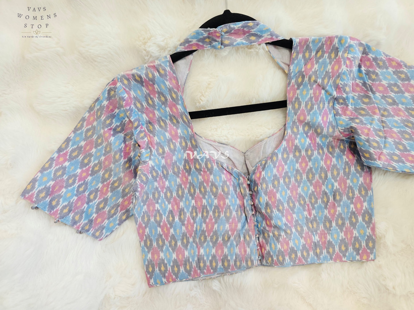 Royal Pastel Sky Blue Pure Sico Ikkat Pochampally Designer Stitched Blouse