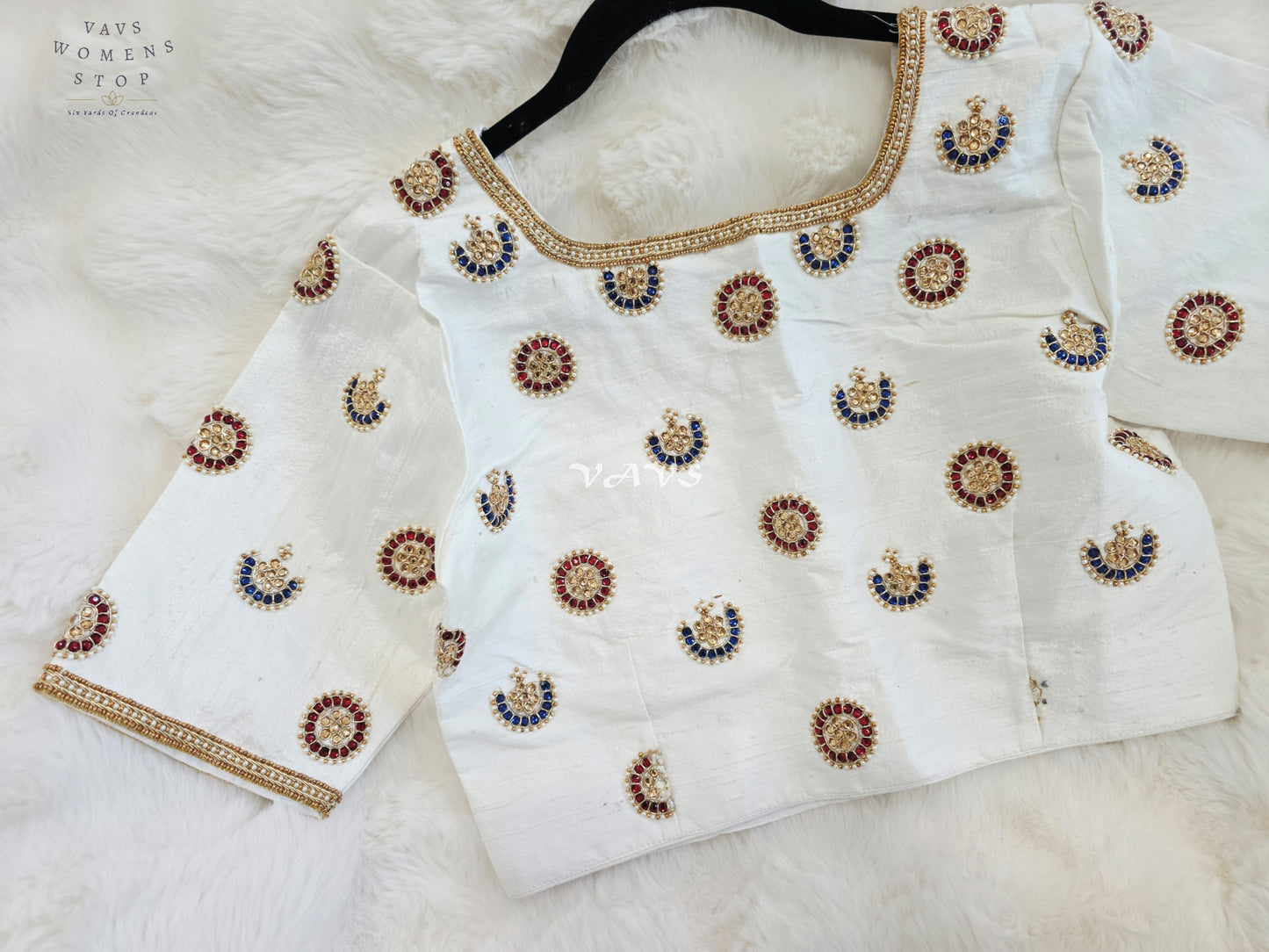 Royal Off White Pure Silk Maggam Hand Embroidered Designer Blouse with Ruby & Sapphire Stone Work