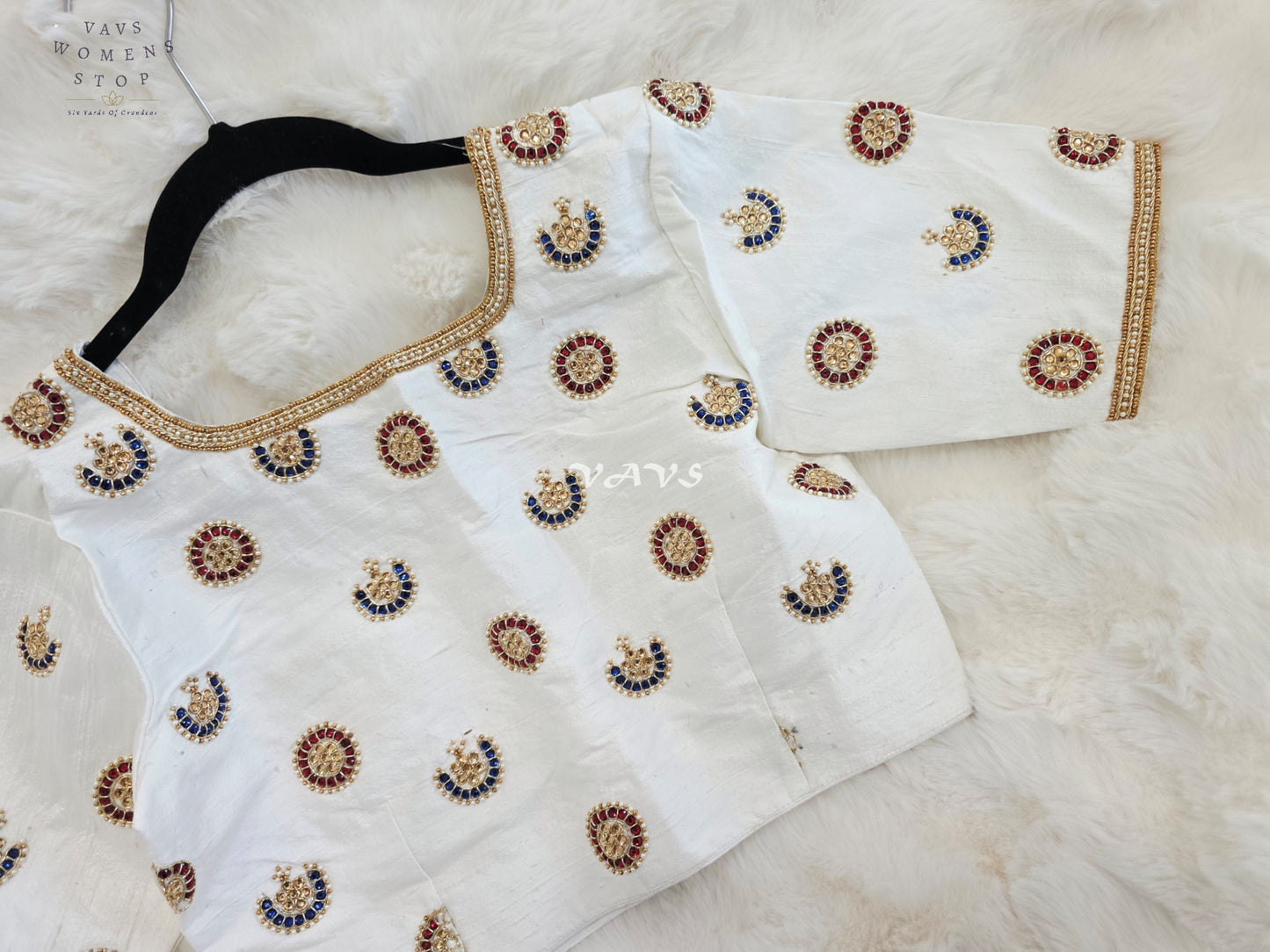 Royal Off White Pure Silk Maggam Hand Embroidered Designer Blouse with Ruby & Sapphire Stone Work