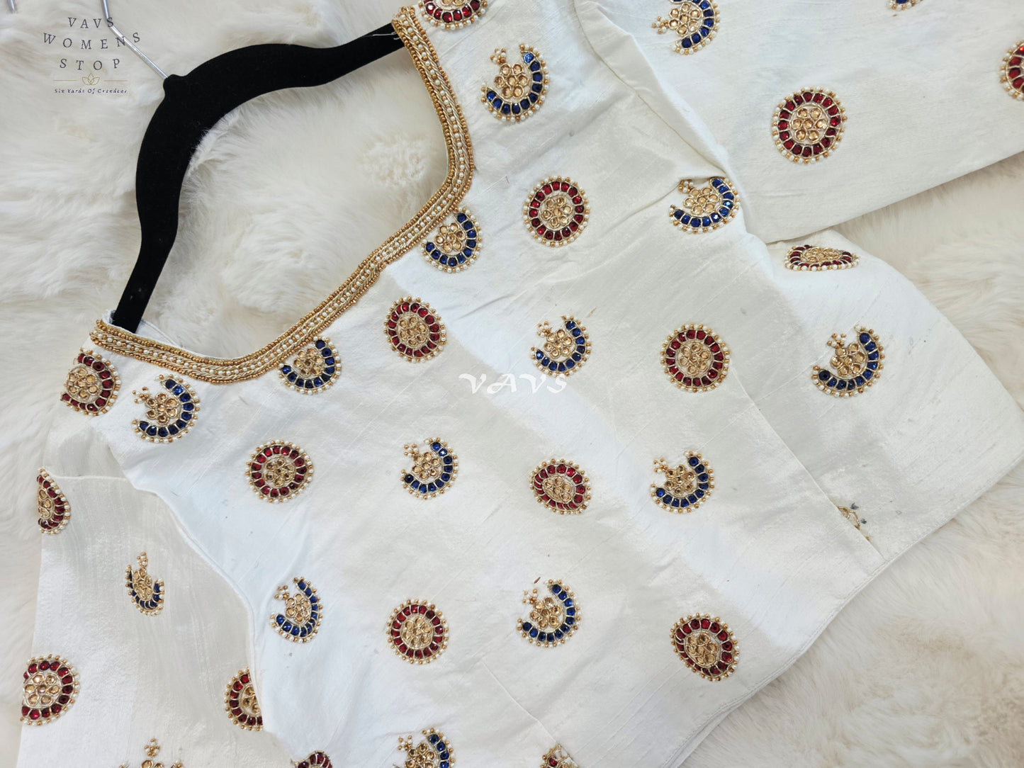 Royal Off White Pure Silk Maggam Hand Embroidered Designer Blouse with Ruby & Sapphire Stone Work