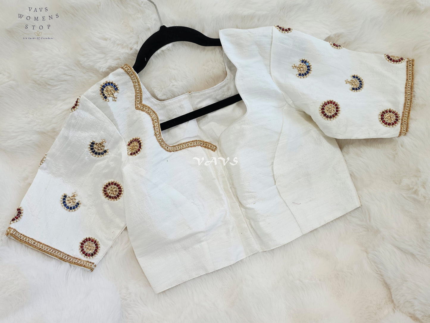 Royal Off White Pure Silk Maggam Hand Embroidered Designer Blouse with Ruby & Sapphire Stone Work