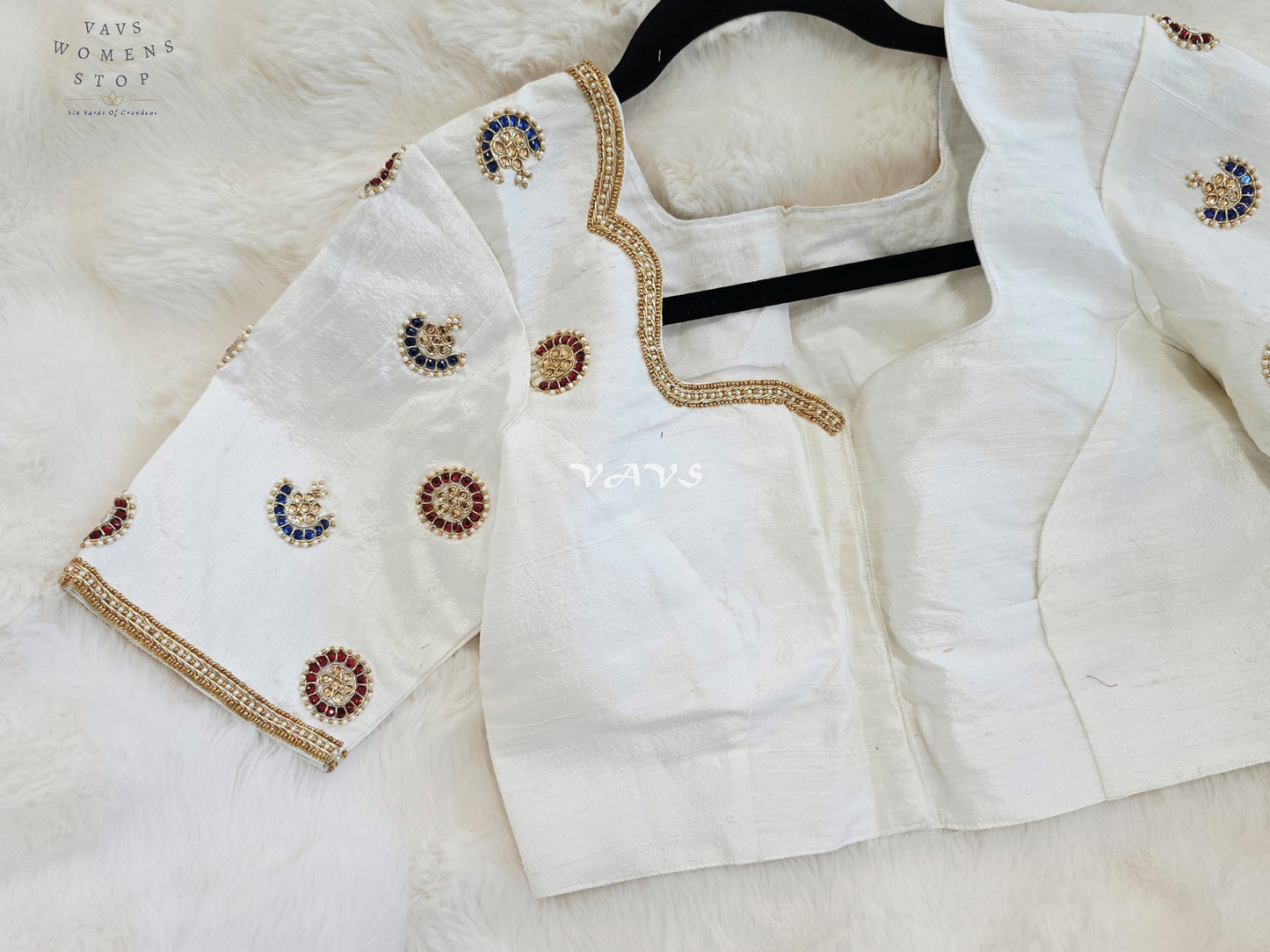 Royal Off White Pure Silk Maggam Hand Embroidered Designer Blouse with Ruby & Sapphire Stone Work