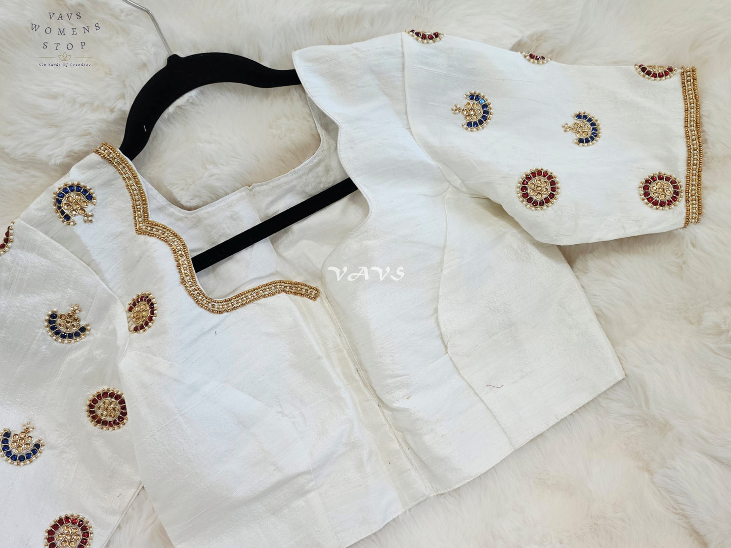 Royal Off White Pure Silk Maggam Hand Embroidered Designer Blouse with Ruby & Sapphire Stone Work