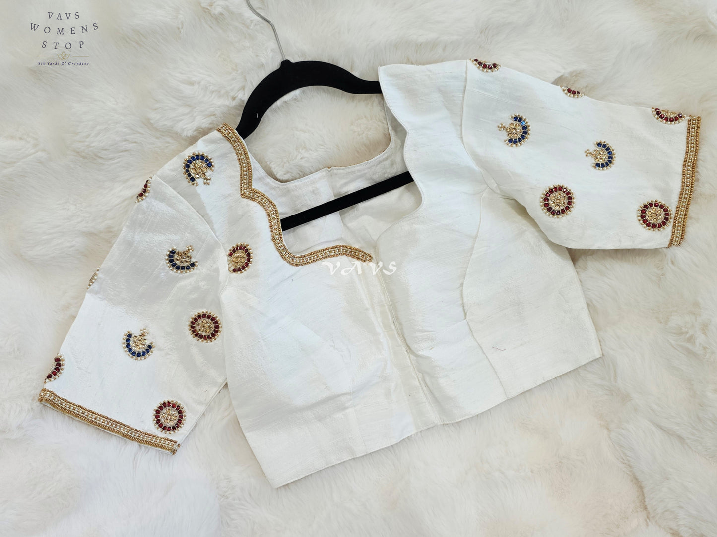 Royal Off White Pure Silk Maggam Hand Embroidered Designer Blouse with Ruby & Sapphire Stone Work