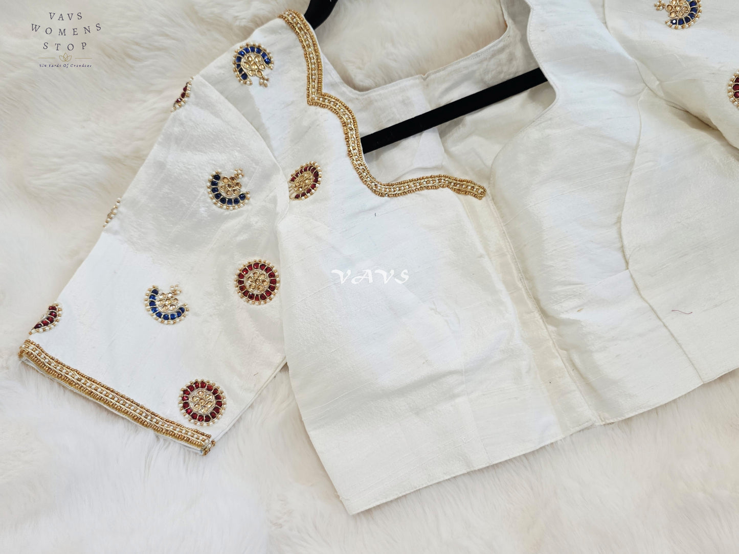 Royal Off White Pure Silk Maggam Hand Embroidered Designer Blouse with Ruby & Sapphire Stone Work