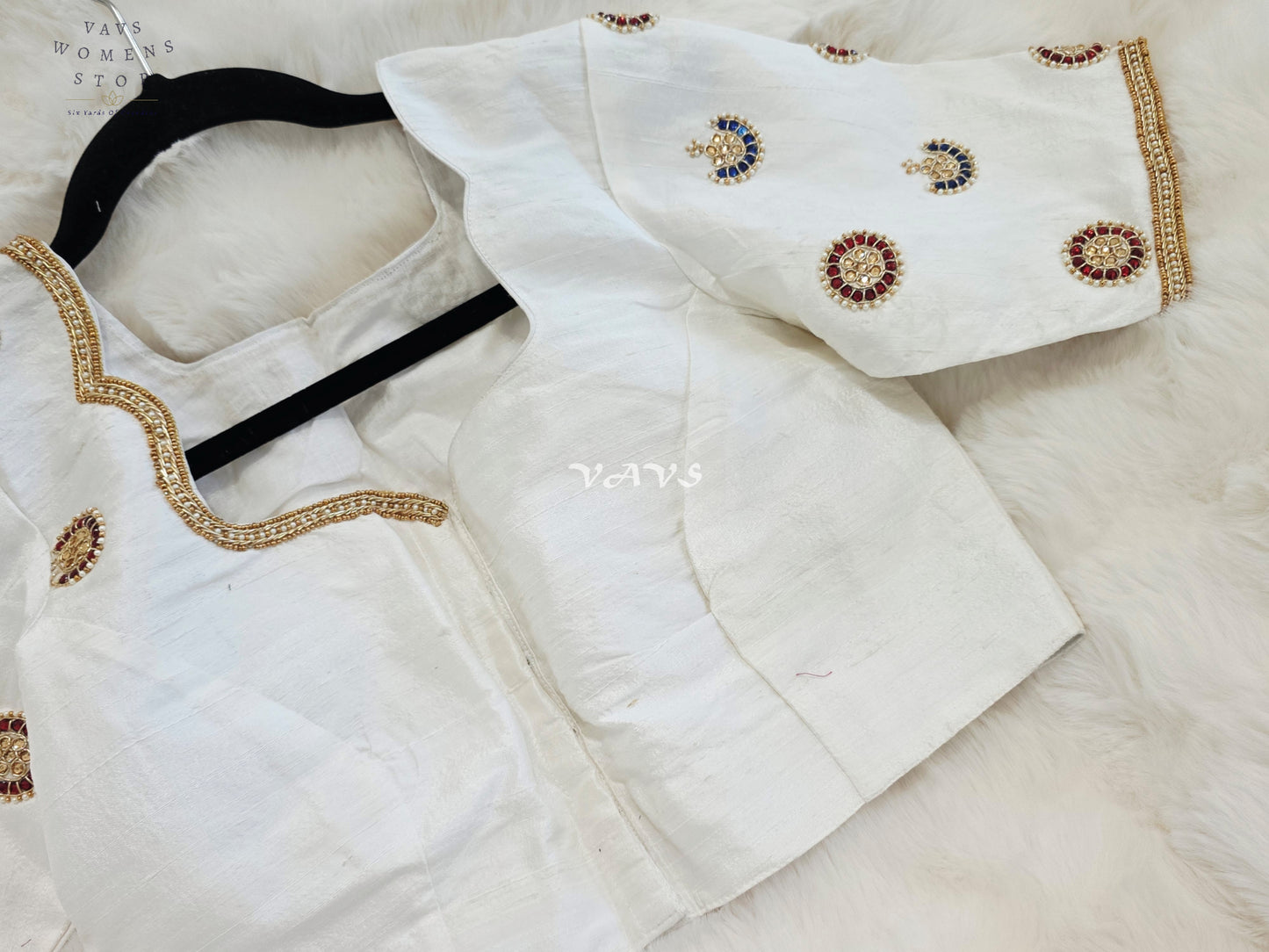 Royal Off White Pure Silk Maggam Hand Embroidered Designer Blouse with Ruby & Sapphire Stone Work
