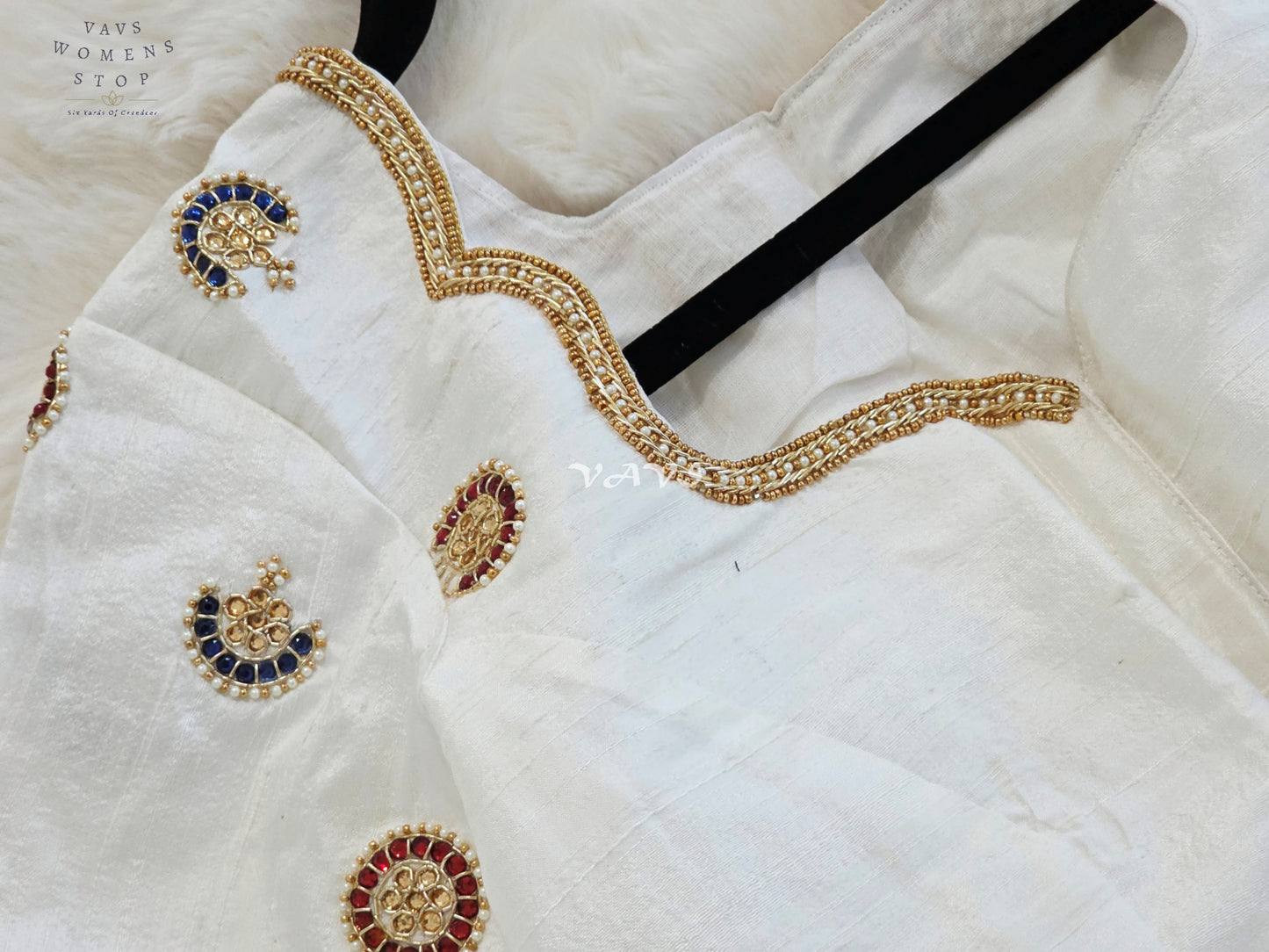 Royal Off White Pure Silk Maggam Hand Embroidered Designer Blouse with Ruby & Sapphire Stone Work