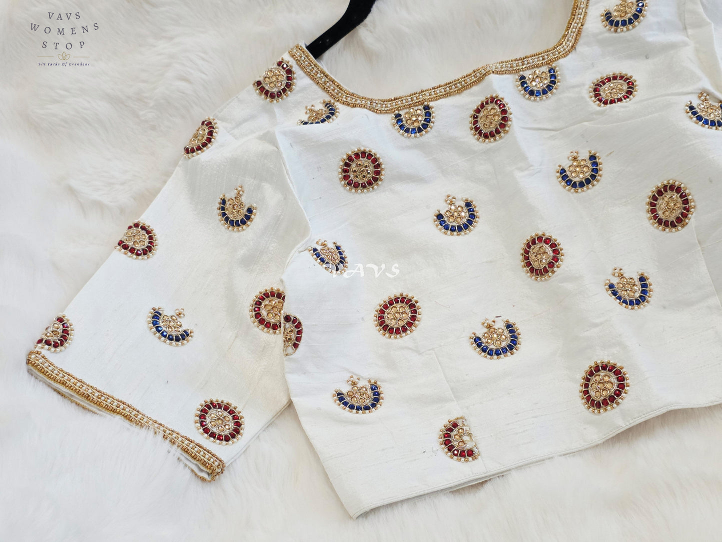 Royal Off White Pure Silk Maggam Hand Embroidered Designer Blouse with Ruby & Sapphire Stone Work
