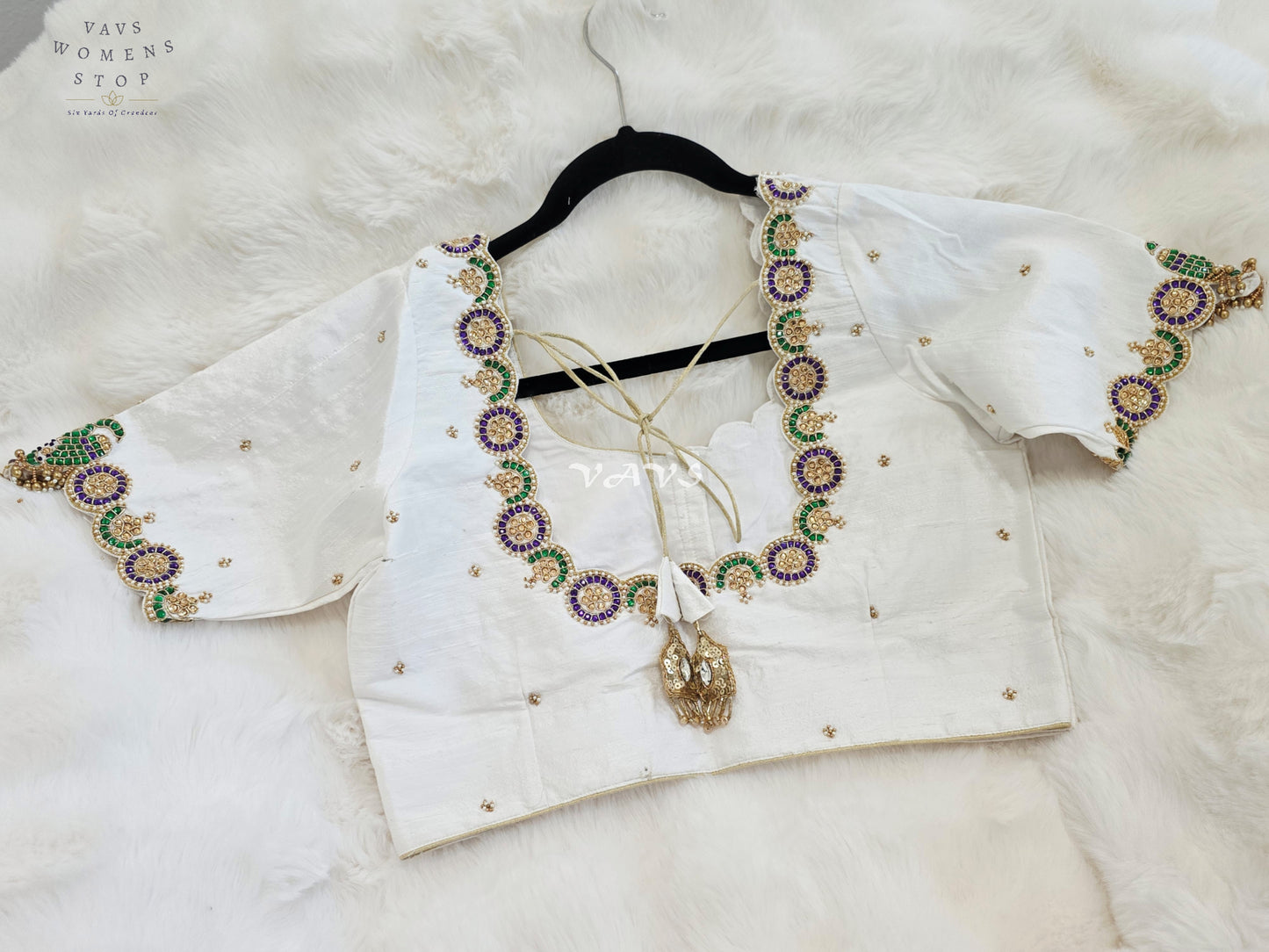 Royal Off White Pure Silk Maggam Hand Embroidered Peacock Blouse with Purple & Emerald Stone Work | Size 38-44