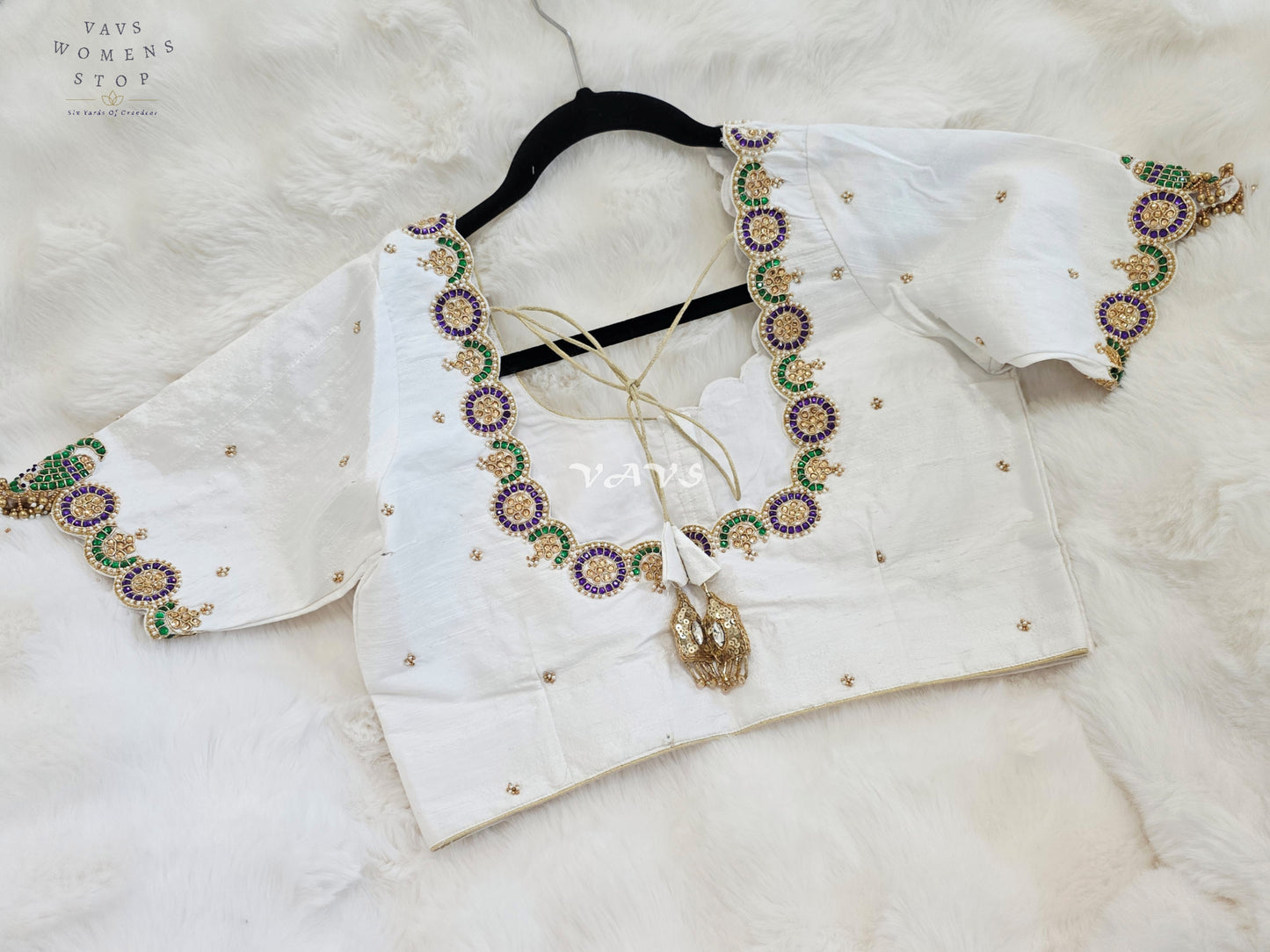Royal Off White Pure Silk Maggam Hand Embroidered Peacock Blouse with Purple & Emerald Stone Work | Size 38-44