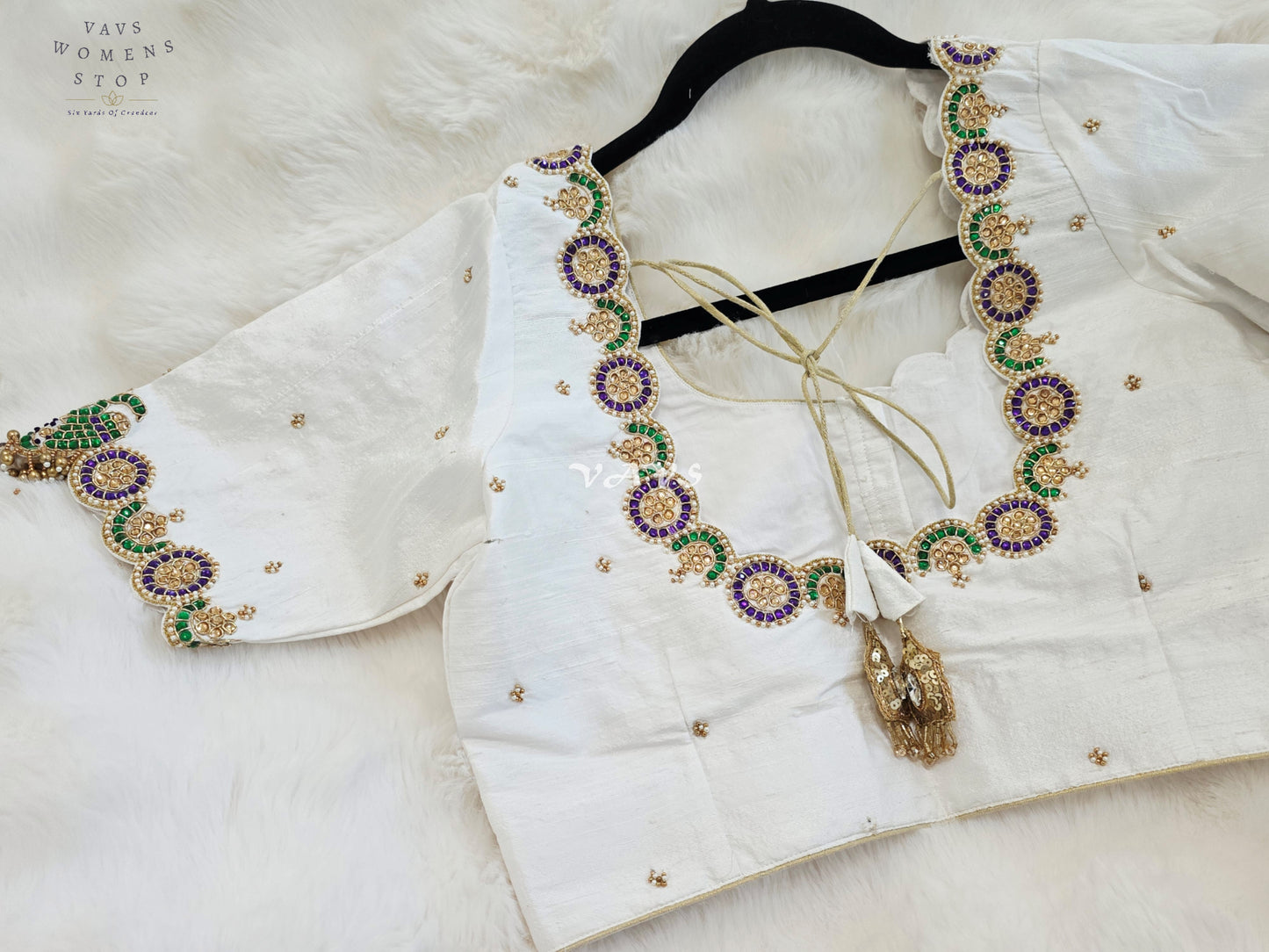 Royal Off White Pure Silk Maggam Hand Embroidered Peacock Blouse with Purple & Emerald Stone Work | Size 38-44