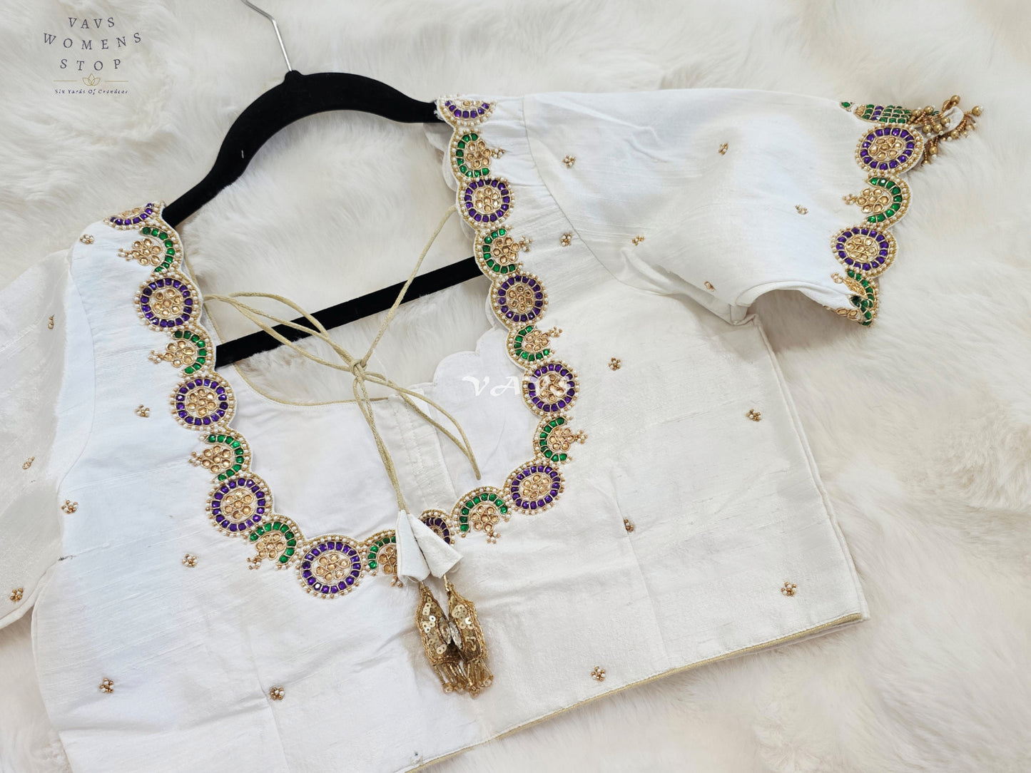 Royal Off White Pure Silk Maggam Hand Embroidered Peacock Blouse with Purple & Emerald Stone Work | Size 38-44