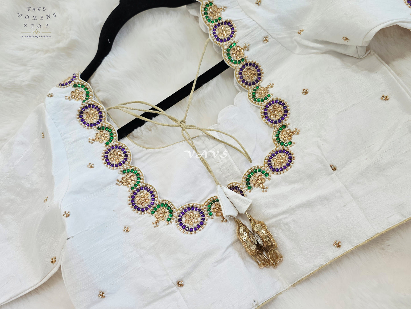 Royal Off White Pure Silk Maggam Hand Embroidered Peacock Blouse with Purple & Emerald Stone Work | Size 38-44