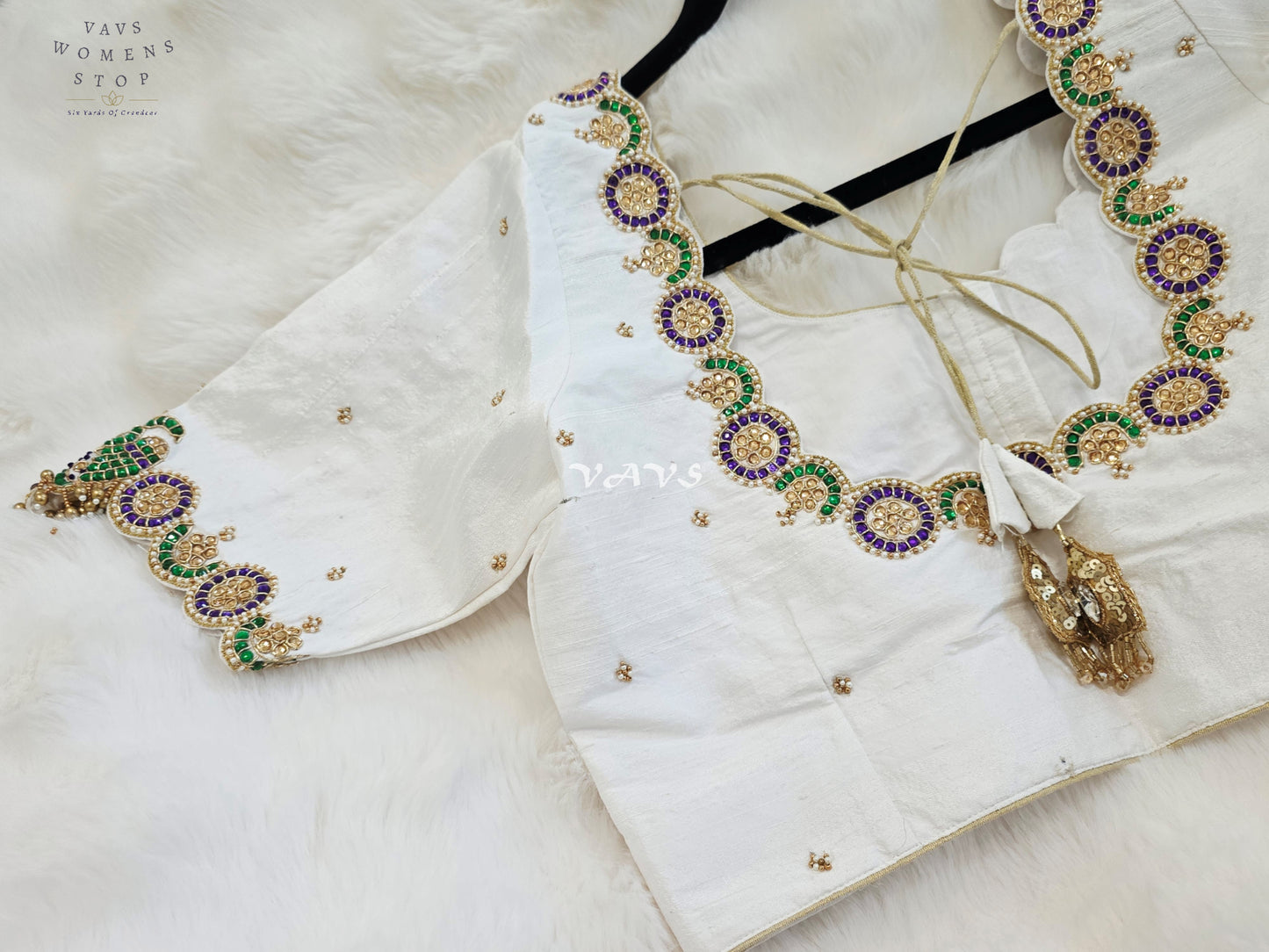 Royal Off White Pure Silk Maggam Hand Embroidered Peacock Blouse with Purple & Emerald Stone Work | Size 38-44