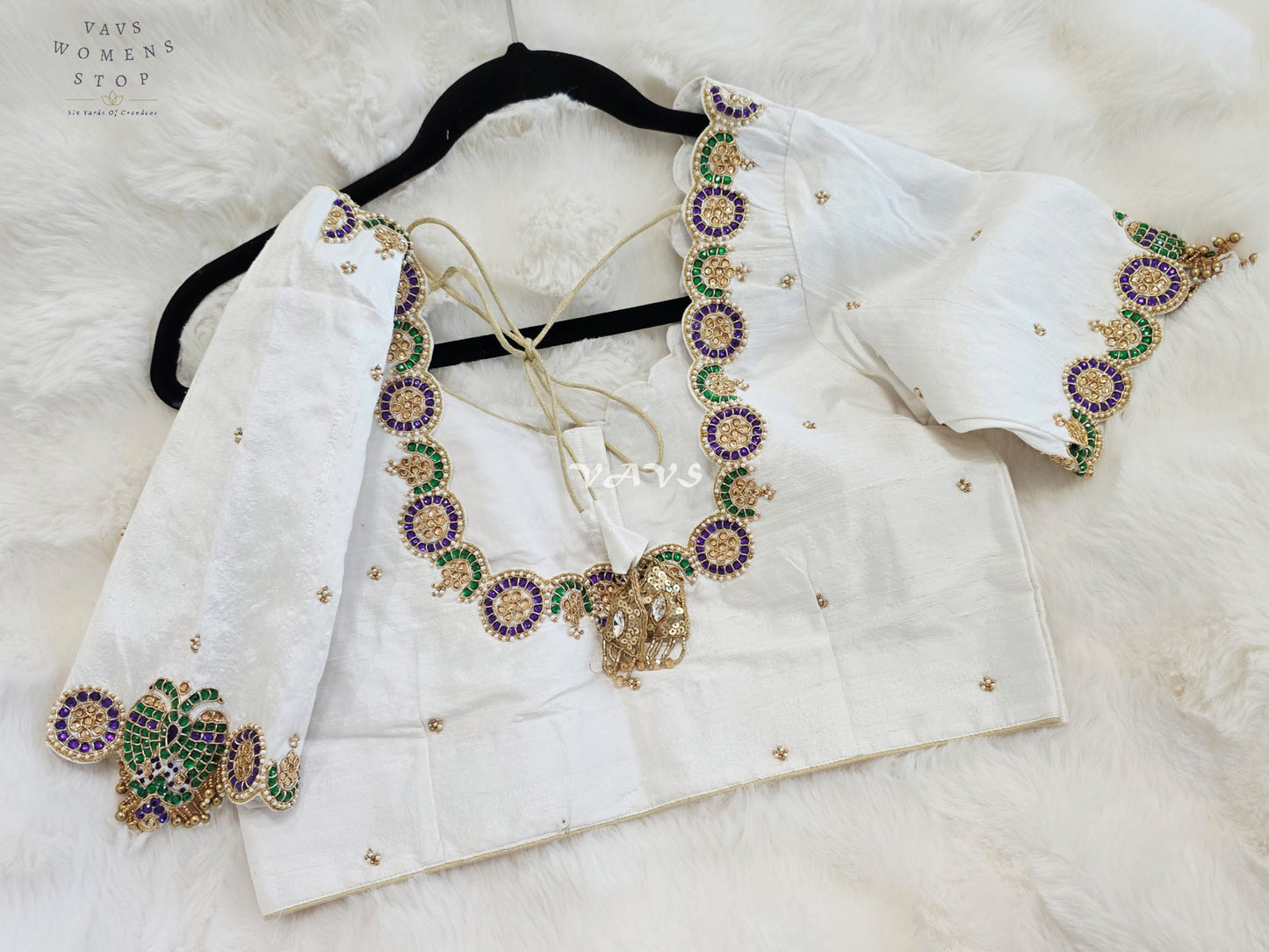 Royal Off White Pure Silk Maggam Hand Embroidered Peacock Blouse with Purple & Emerald Stone Work | Size 38-44