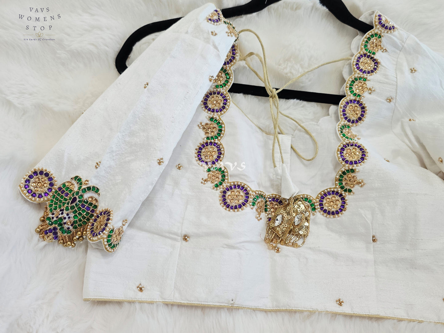 Royal Off White Pure Silk Maggam Hand Embroidered Peacock Blouse with Purple & Emerald Stone Work | Size 38-44