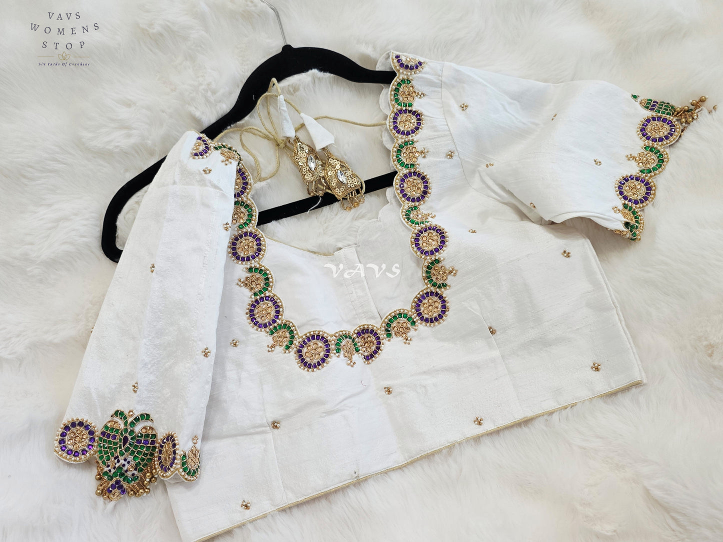 Royal Off White Pure Silk Maggam Hand Embroidered Peacock Blouse with Purple & Emerald Stone Work | Size 38-44