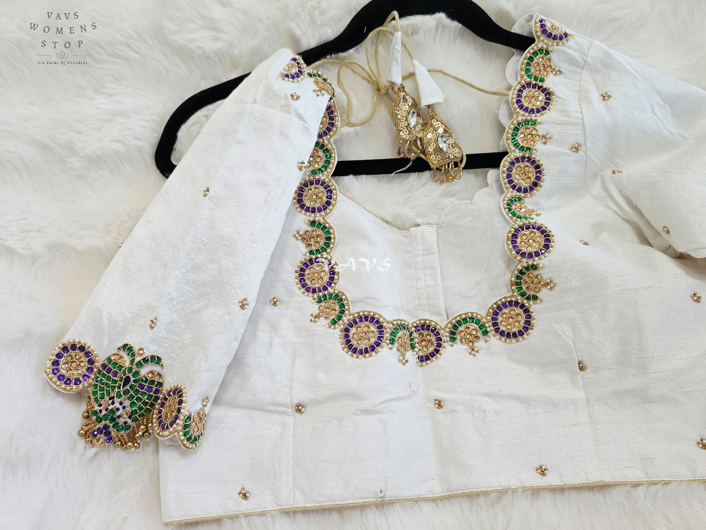 Royal Off White Pure Silk Maggam Hand Embroidered Peacock Blouse with Purple & Emerald Stone Work | Size 38-44