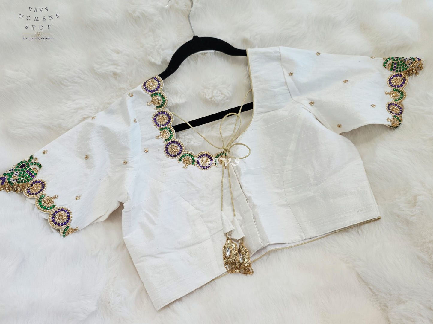 Royal Off White Pure Silk Maggam Hand Embroidered Peacock Blouse with Purple & Emerald Stone Work | Size 38-44
