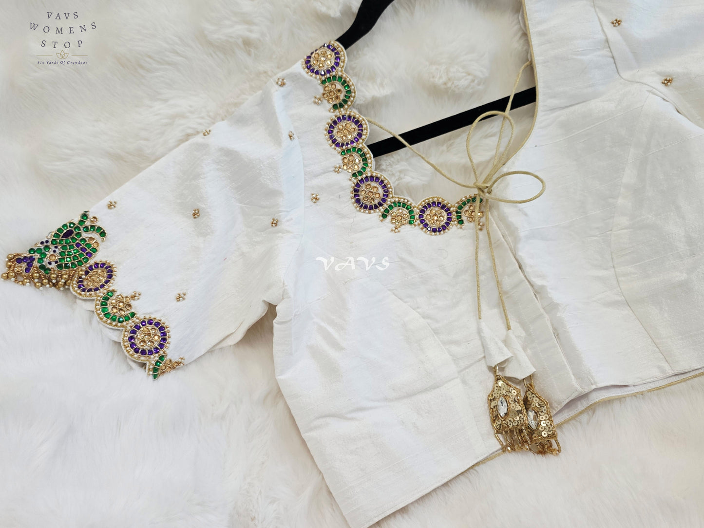 Royal Off White Pure Silk Maggam Hand Embroidered Peacock Blouse with Purple & Emerald Stone Work | Size 38-44
