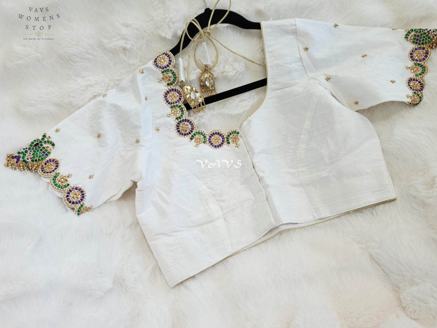 Royal Off White Pure Silk Maggam Hand Embroidered Peacock Blouse with Purple & Emerald Stone Work | Size 38-44