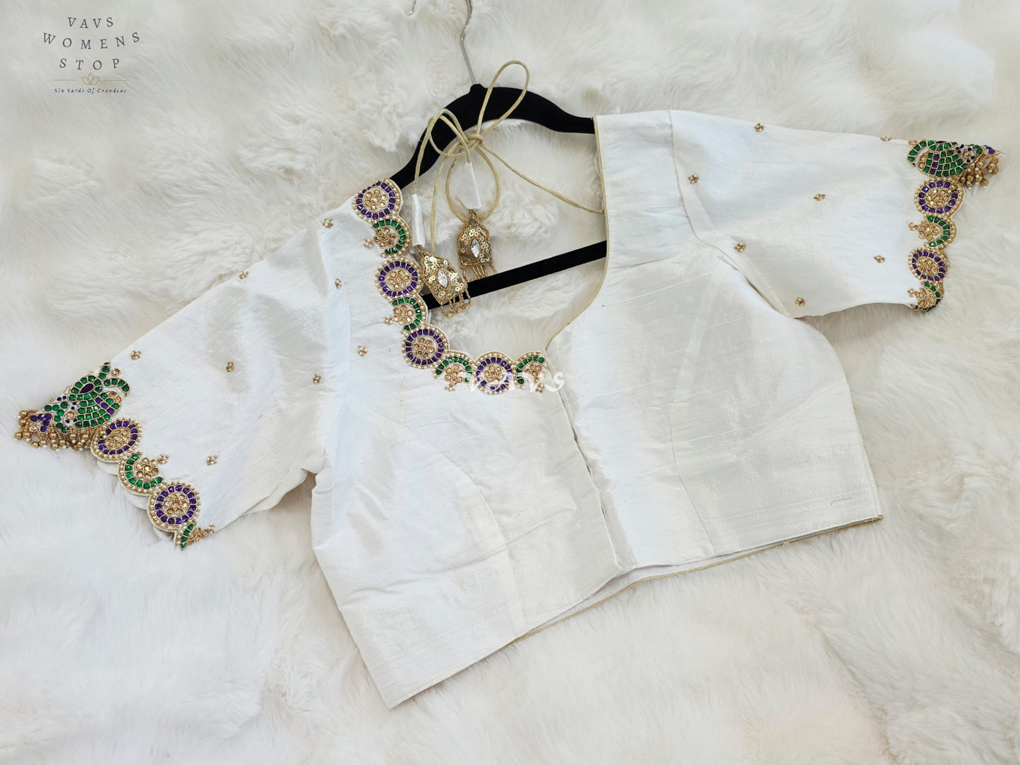 Royal Off White Pure Silk Maggam Hand Embroidered Peacock Blouse with Purple & Emerald Stone Work | Size 38-44