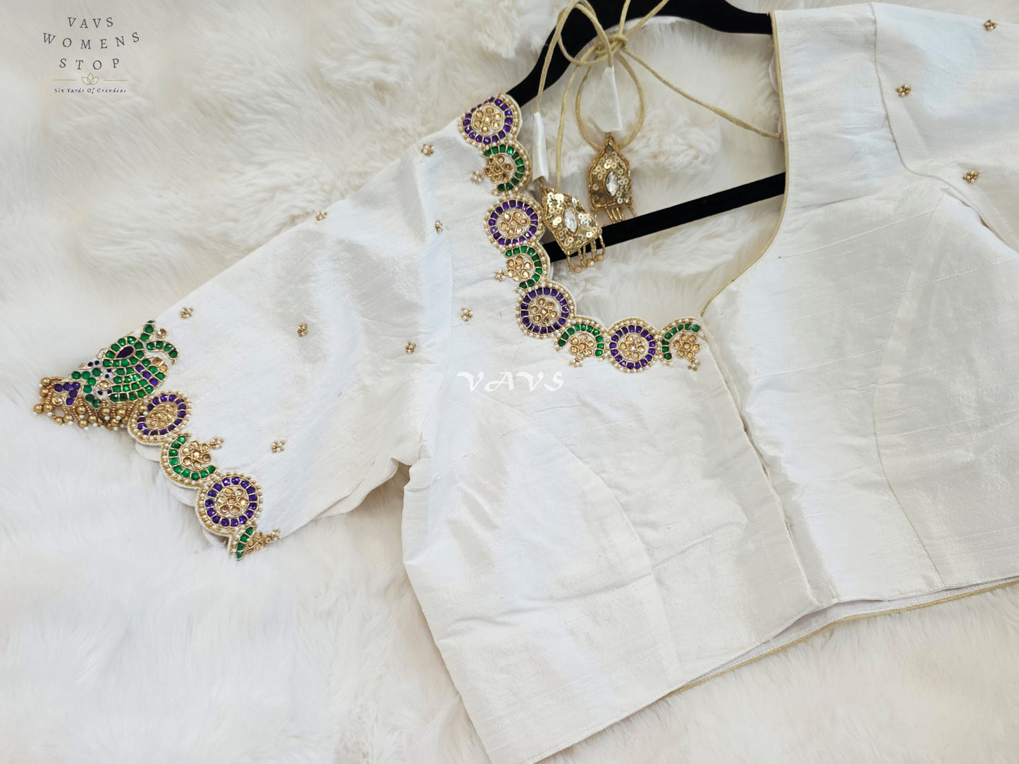 Royal Off White Pure Silk Maggam Hand Embroidered Peacock Blouse with Purple & Emerald Stone Work | Size 38-44