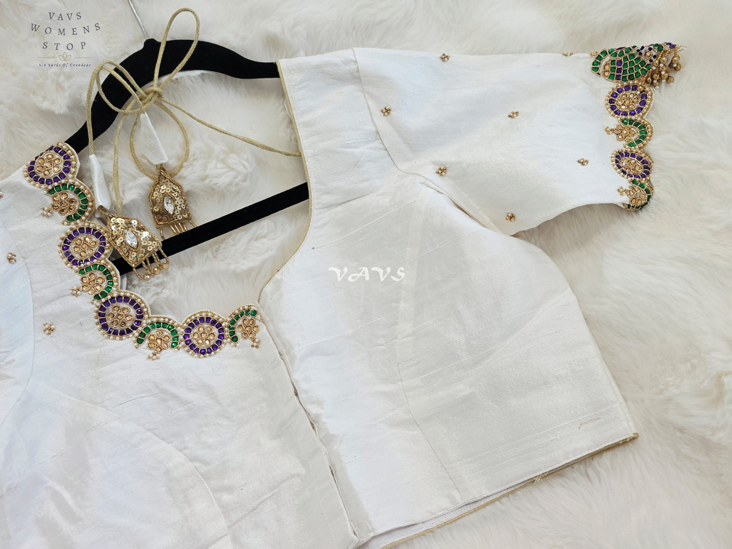 Royal Off White Pure Silk Maggam Hand Embroidered Peacock Blouse with Purple & Emerald Stone Work | Size 38-44