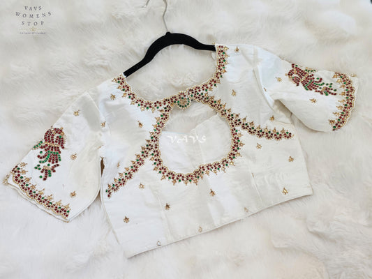 Royal Off White Pure Silk Maggam Hand Embroidered Peacock Designer Blouse with Ruby & Emerald Stones