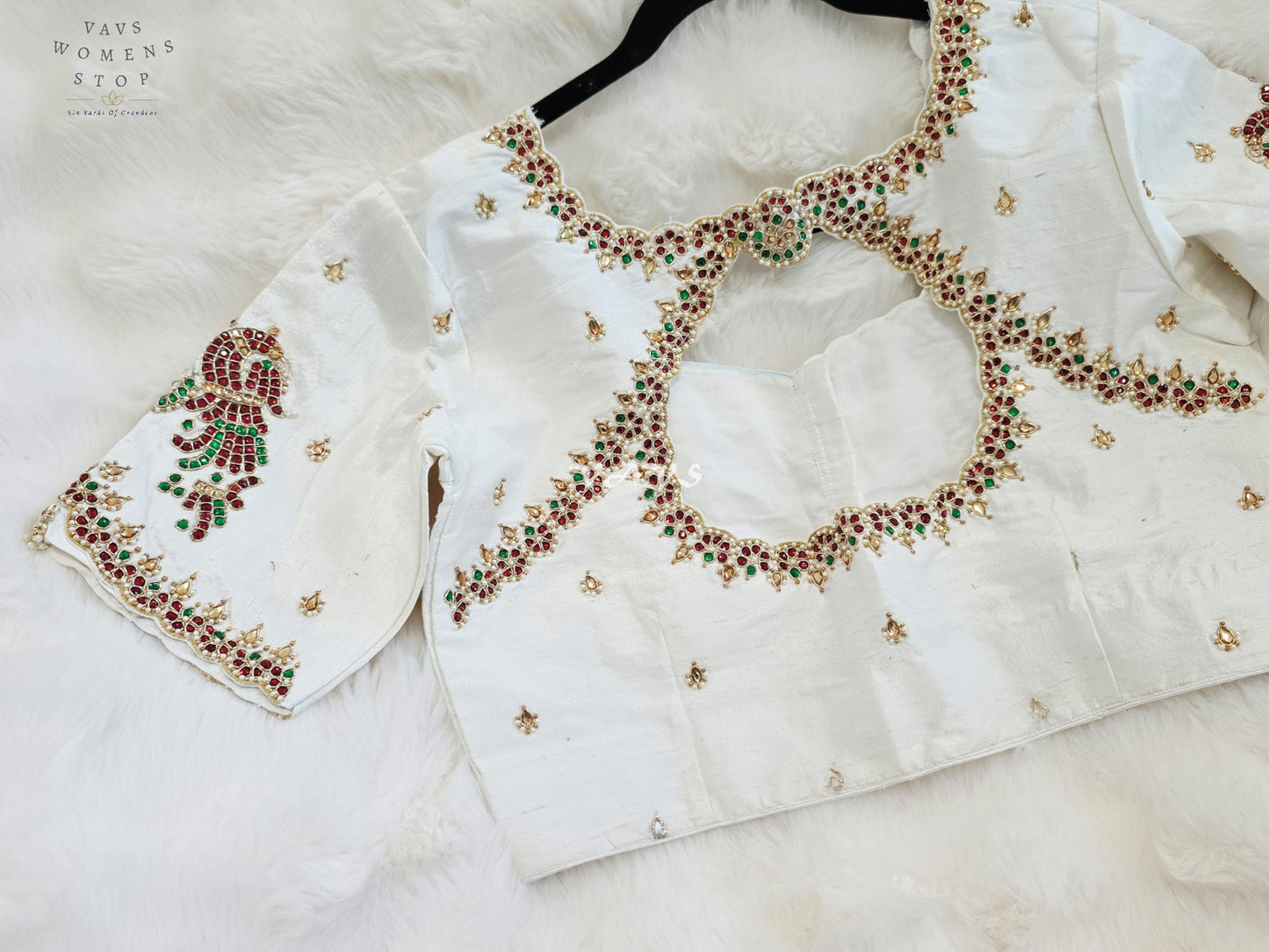 Royal Off White Pure Silk Maggam Hand Embroidered Peacock Designer Blouse with Ruby & Emerald Stones