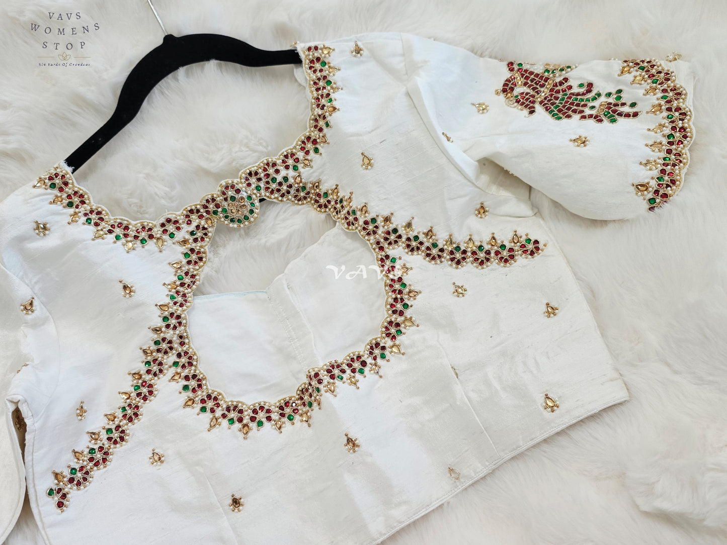 Royal Off White Pure Silk Maggam Hand Embroidered Peacock Designer Blouse with Ruby & Emerald Stones