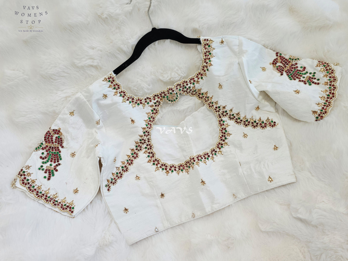 Royal Off White Pure Silk Maggam Hand Embroidered Peacock Designer Blouse with Ruby & Emerald Stones