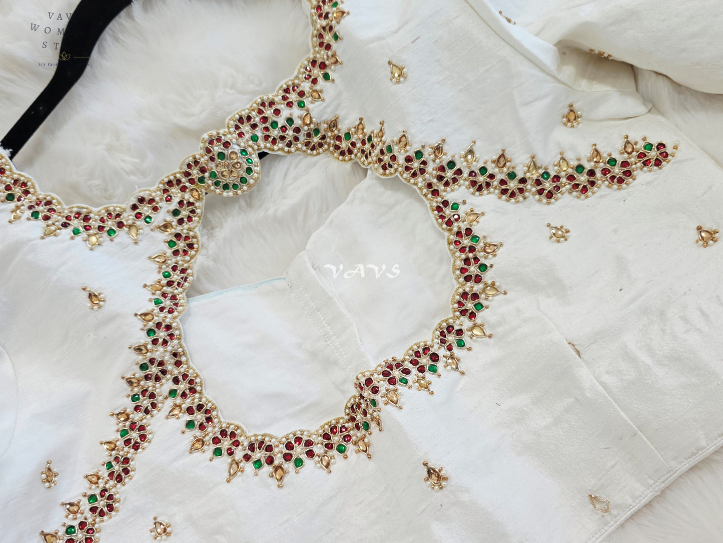 Royal Off White Pure Silk Maggam Hand Embroidered Peacock Designer Blouse with Ruby & Emerald Stones
