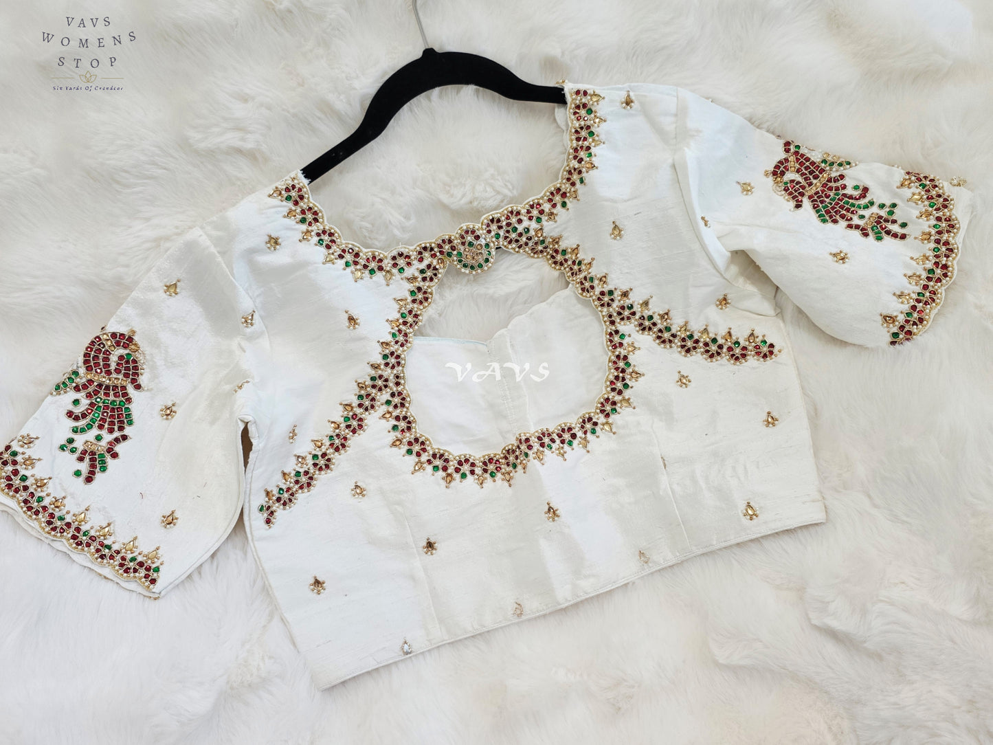 Royal Off White Pure Silk Maggam Hand Embroidered Peacock Designer Blouse with Ruby & Emerald Stones
