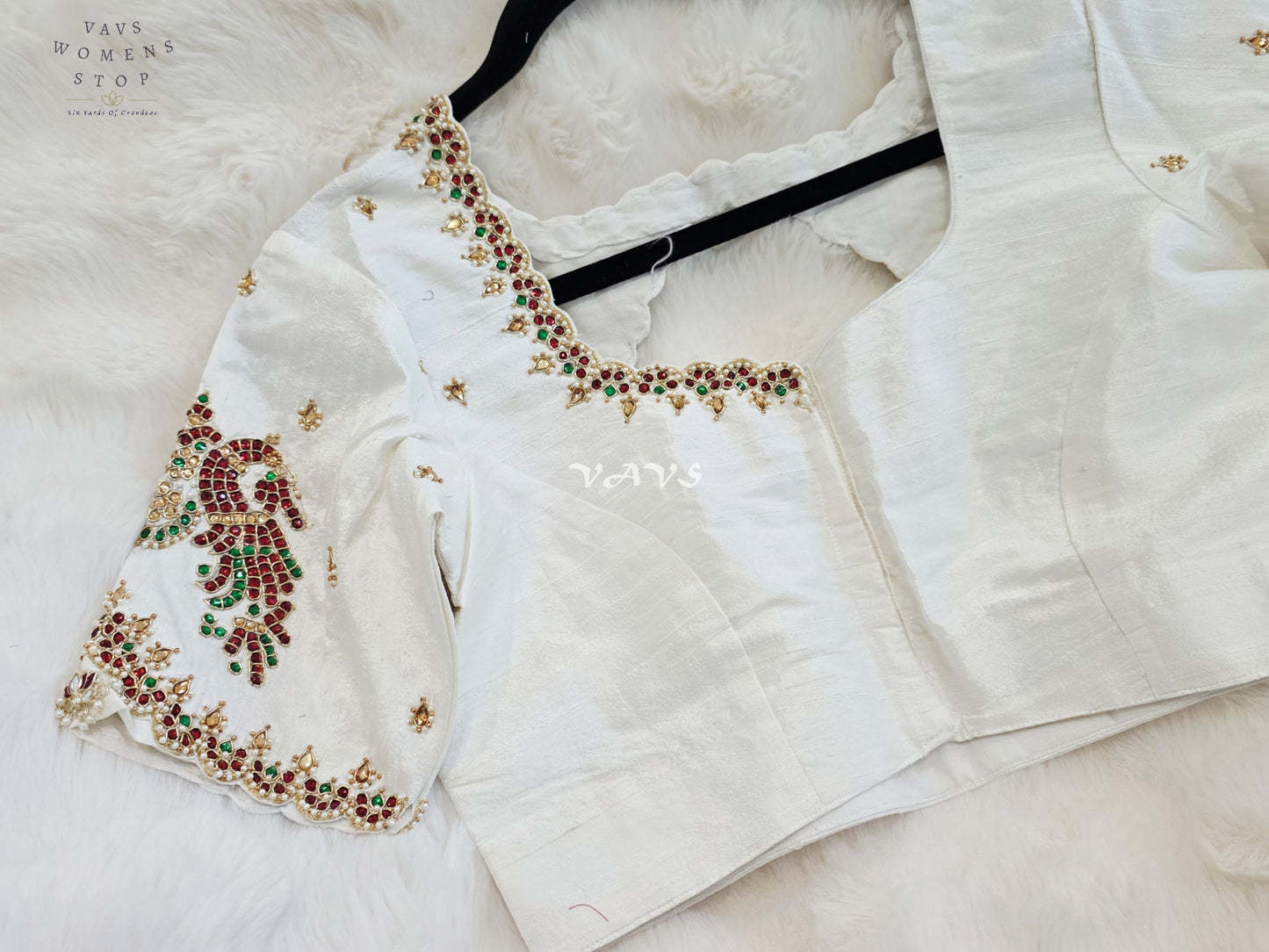 Royal Off White Pure Silk Maggam Hand Embroidered Peacock Designer Blouse with Ruby & Emerald Stones