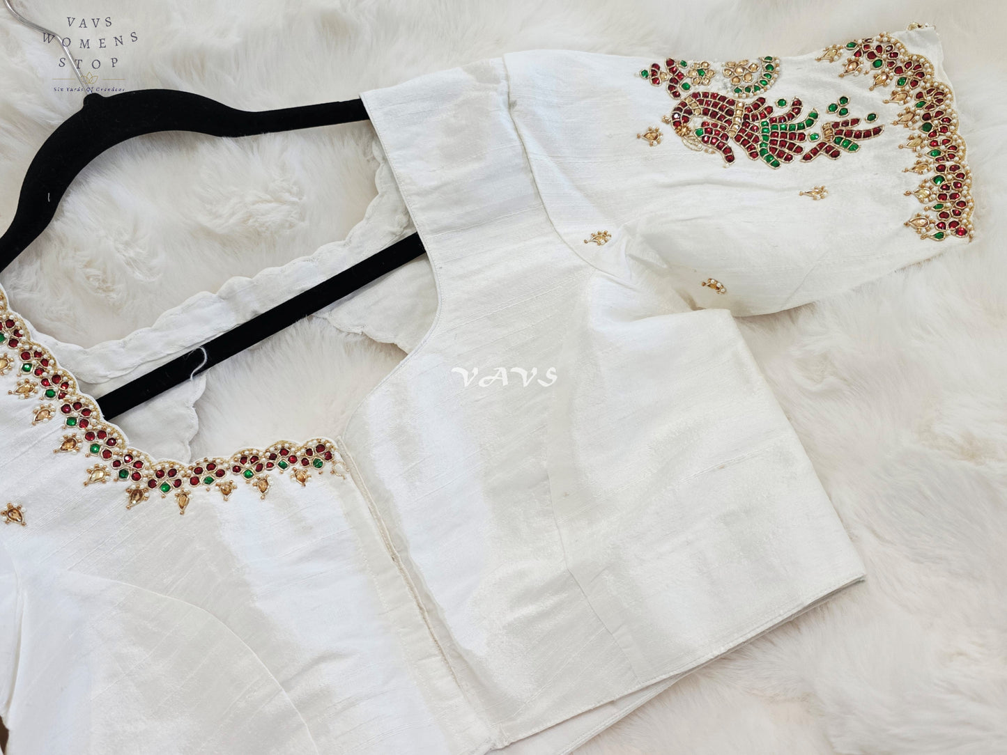 Royal Off White Pure Silk Maggam Hand Embroidered Peacock Designer Blouse with Ruby & Emerald Stones
