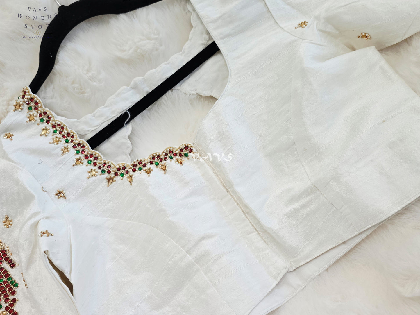 Royal Off White Pure Silk Maggam Hand Embroidered Peacock Designer Blouse with Ruby & Emerald Stones