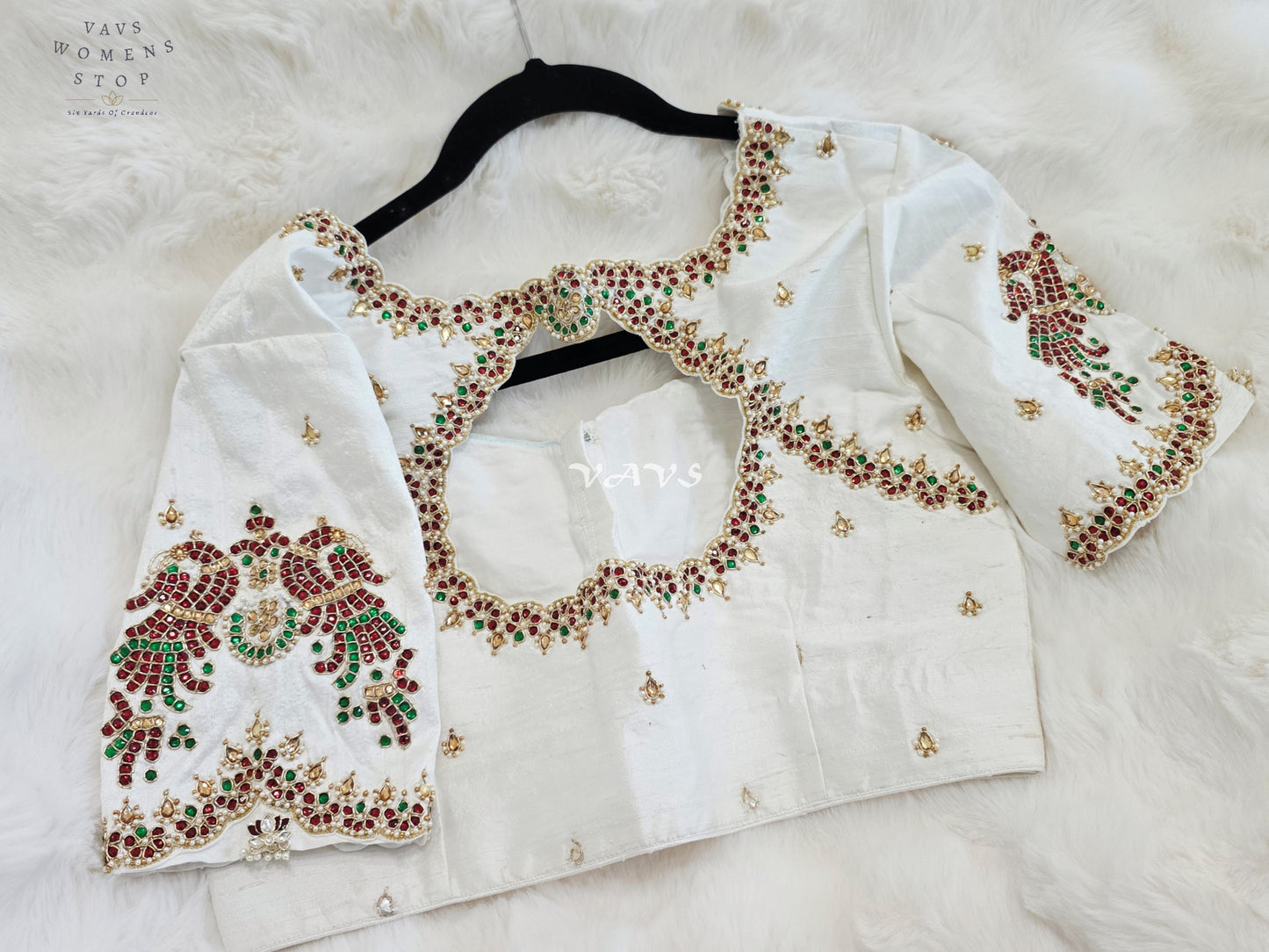 Royal Off White Pure Silk Maggam Hand Embroidered Peacock Designer Blouse with Ruby & Emerald Stones