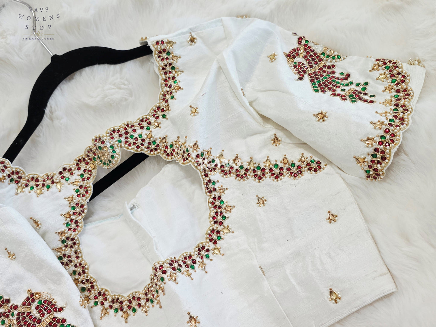 Royal Off White Pure Silk Maggam Hand Embroidered Peacock Designer Blouse with Ruby & Emerald Stones