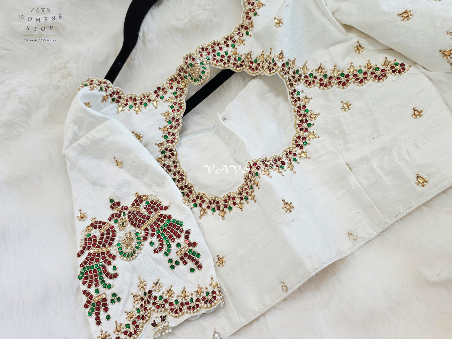 Royal Off White Pure Silk Maggam Hand Embroidered Peacock Designer Blouse with Ruby & Emerald Stones