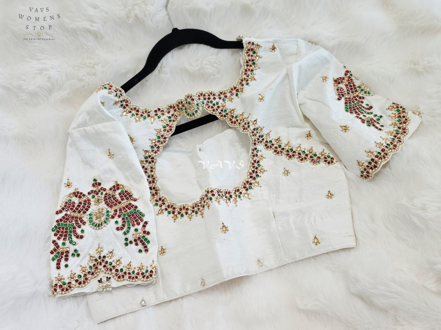 Royal Off White Pure Silk Maggam Hand Embroidered Peacock Designer Blouse with Ruby & Emerald Stones