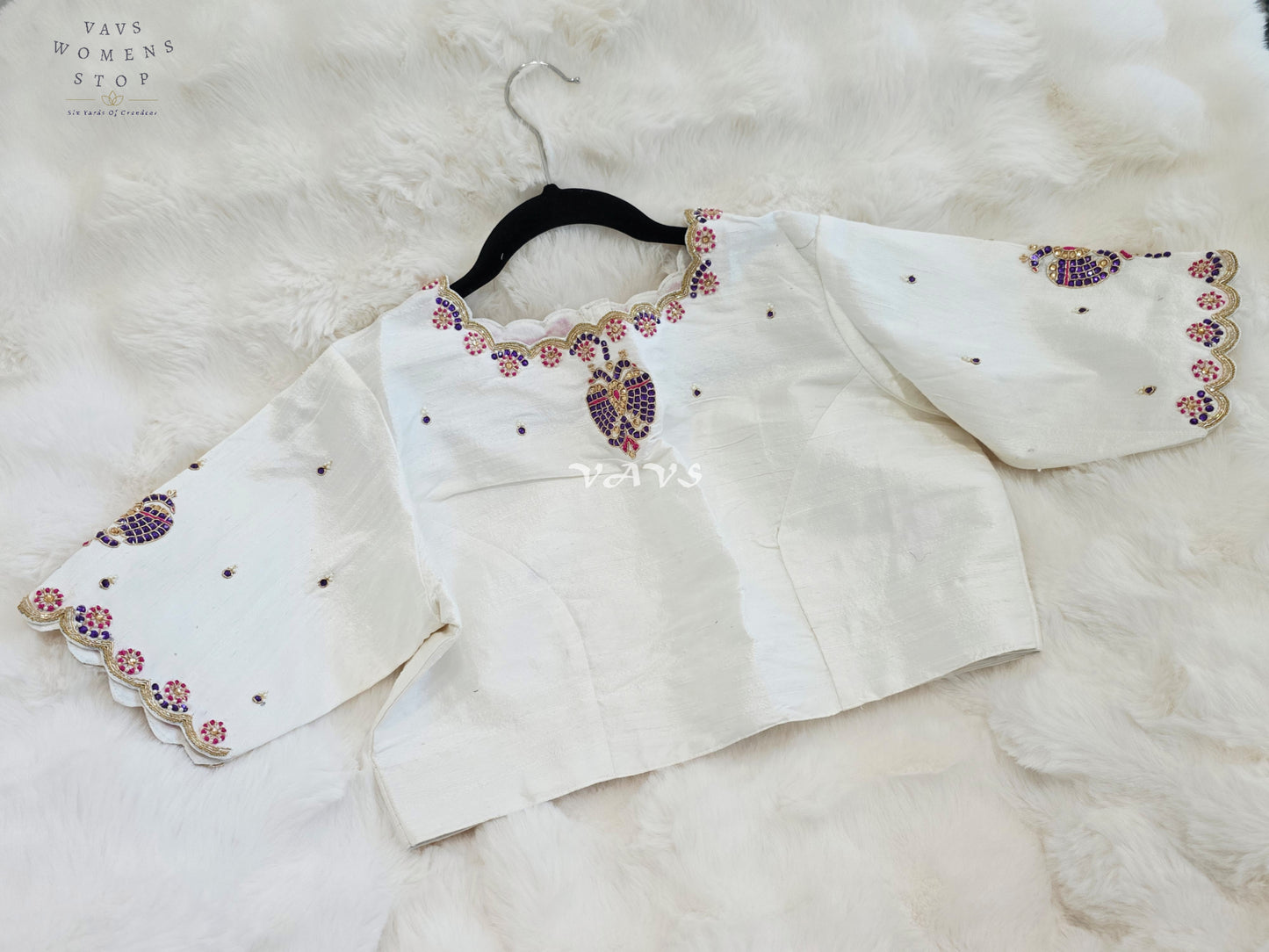 Royal Ivory Pearl Maggam Hand Embroidered Designer Silk Blouse with Purple Peacock Motif | Size 40-46