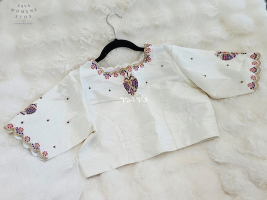 Royal Ivory Pearl Maggam Hand Embroidered Designer Silk Blouse with Purple Peacock Motif | Size 40-46