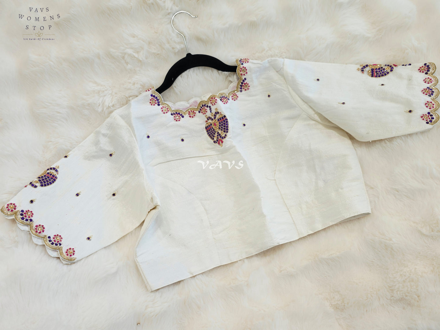Royal Ivory Pearl Maggam Hand Embroidered Designer Silk Blouse with Purple Peacock Motif | Size 40-46