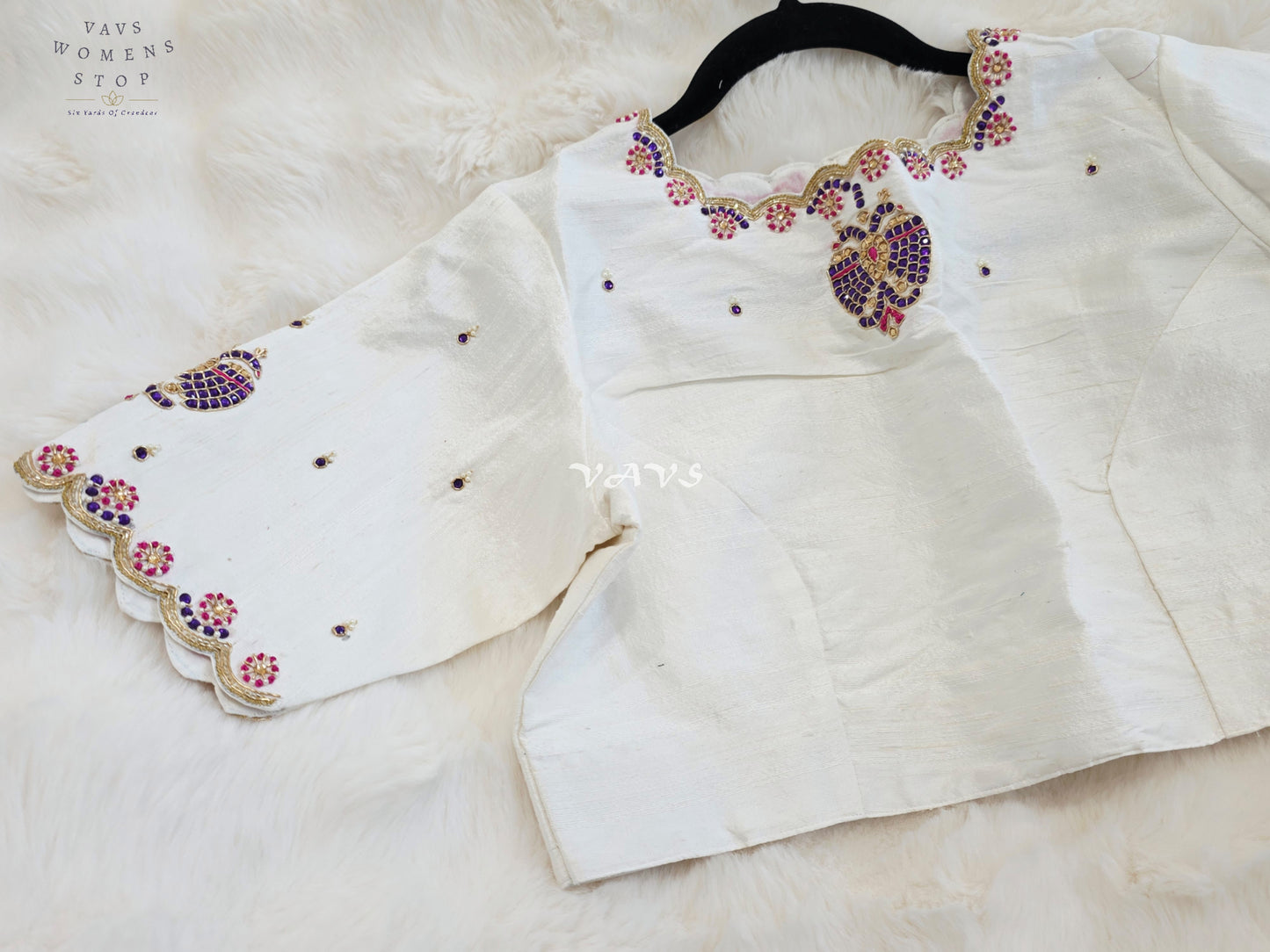 Royal Ivory Pearl Maggam Hand Embroidered Designer Silk Blouse with Purple Peacock Motif | Size 40-46