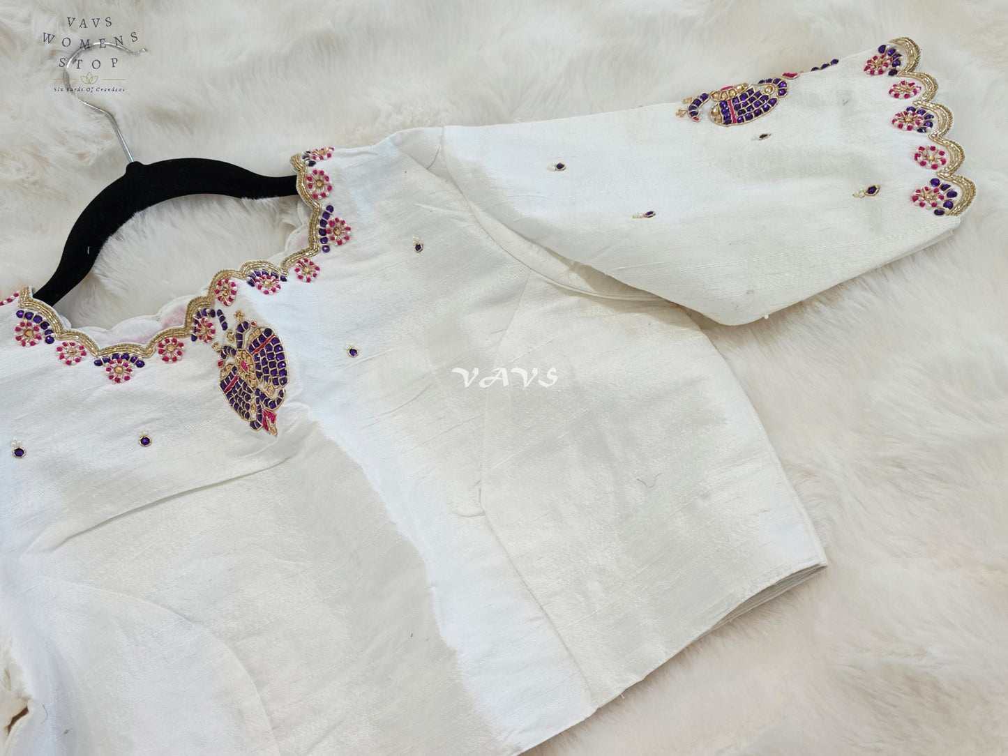 Royal Ivory Pearl Maggam Hand Embroidered Designer Silk Blouse with Purple Peacock Motif | Size 40-46