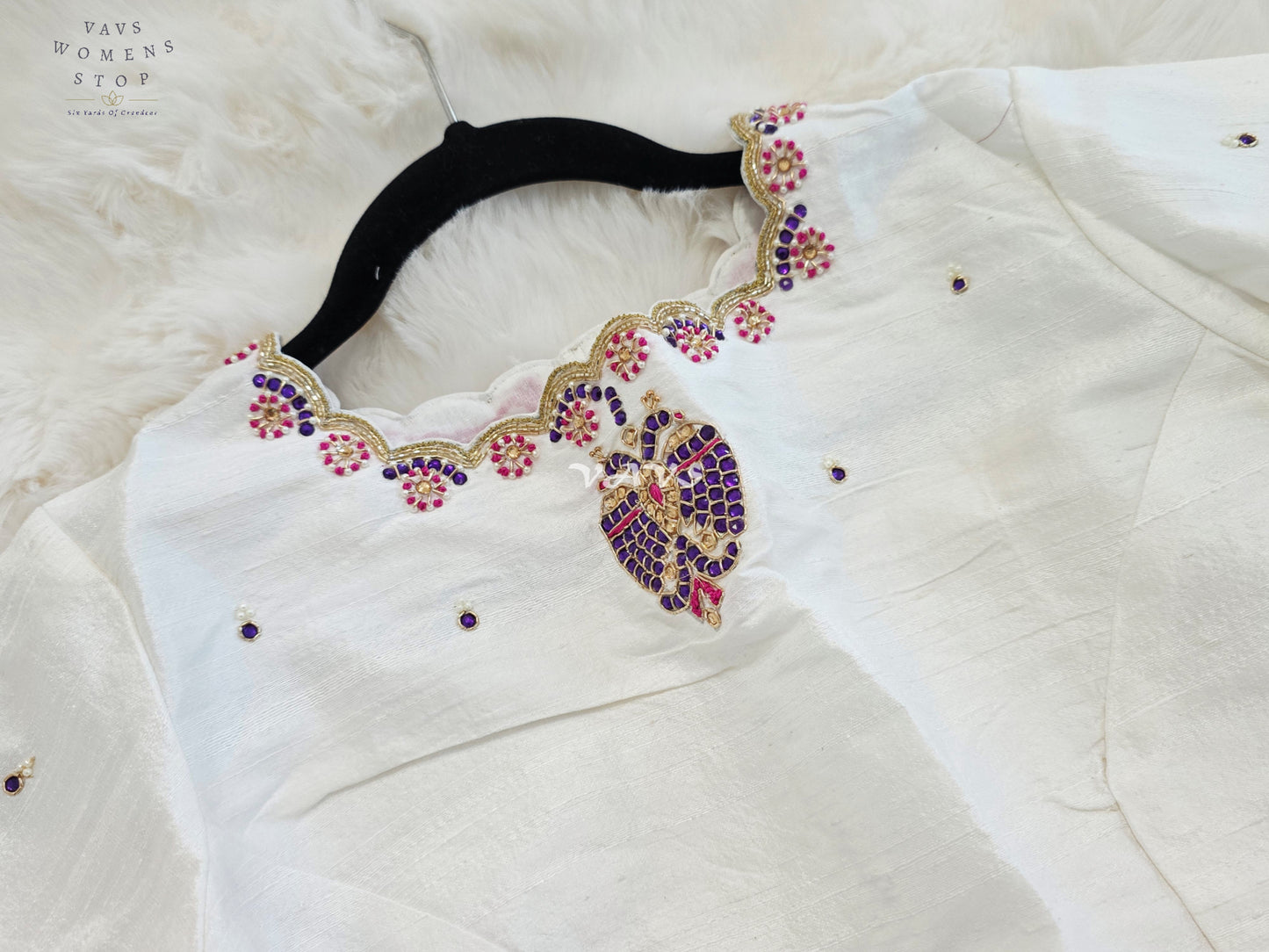 Royal Ivory Pearl Maggam Hand Embroidered Designer Silk Blouse with Purple Peacock Motif | Size 40-46