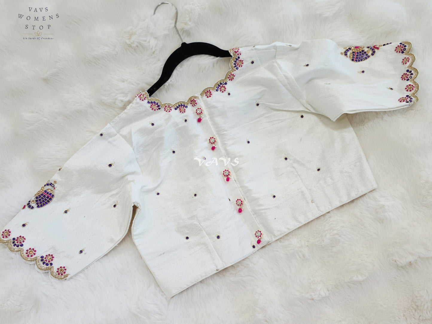 Royal Ivory Pearl Maggam Hand Embroidered Designer Silk Blouse with Purple Peacock Motif | Size 40-46