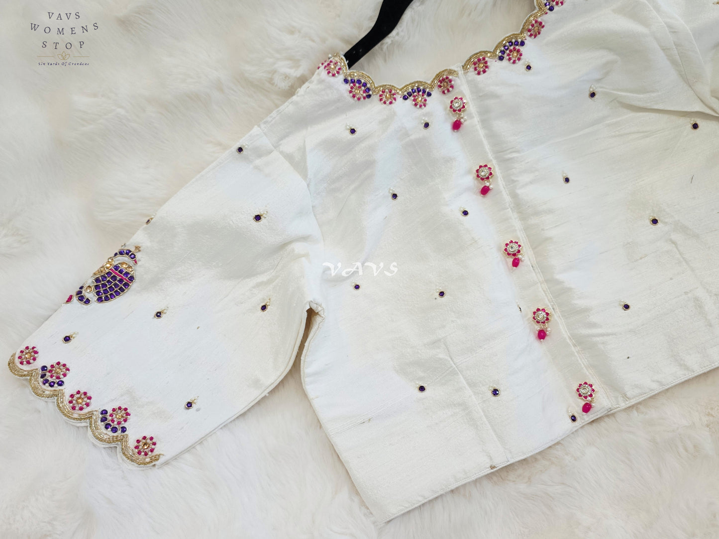 Royal Ivory Pearl Maggam Hand Embroidered Designer Silk Blouse with Purple Peacock Motif | Size 40-46