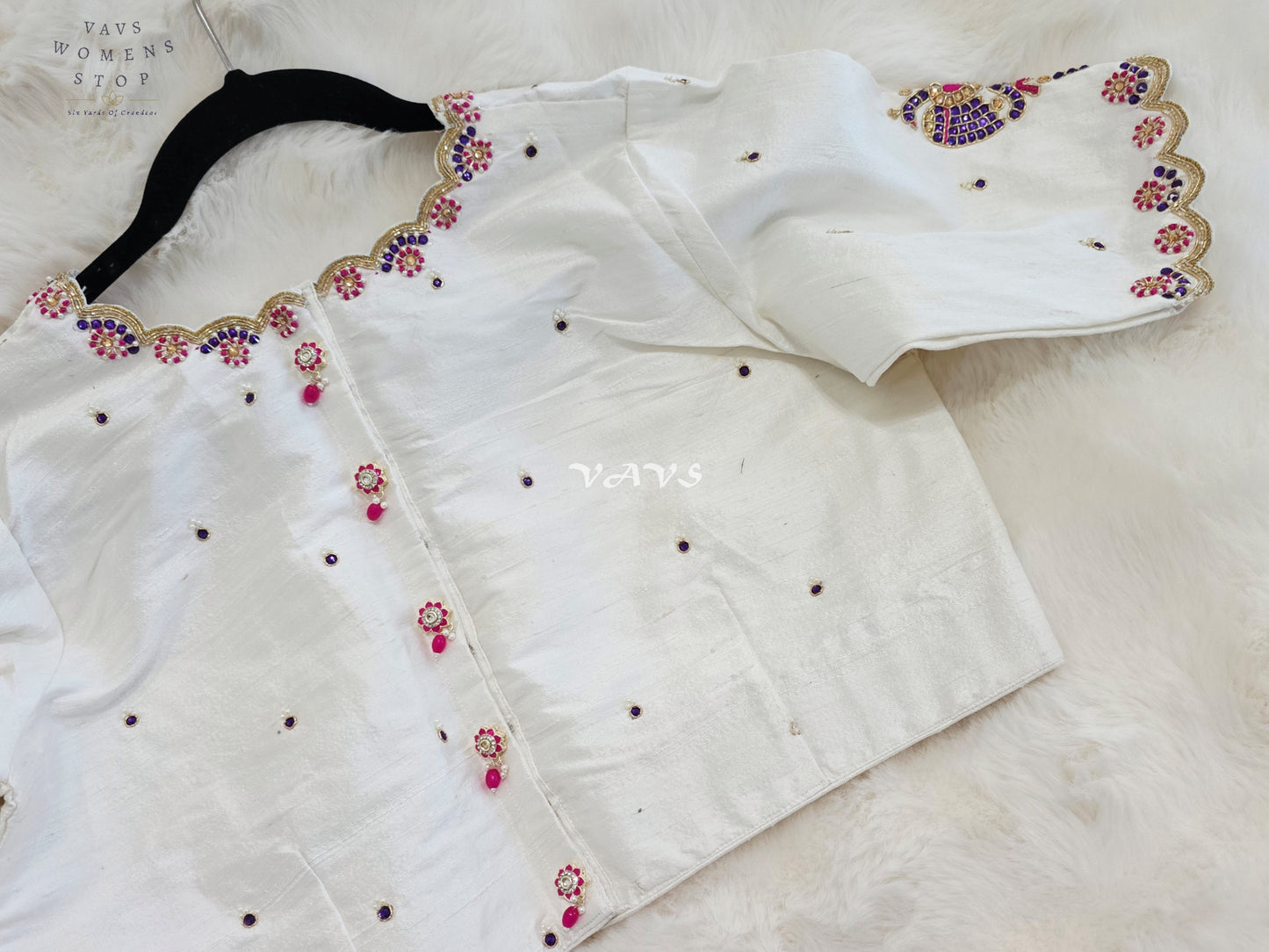 Royal Ivory Pearl Maggam Hand Embroidered Designer Silk Blouse with Purple Peacock Motif | Size 40-46